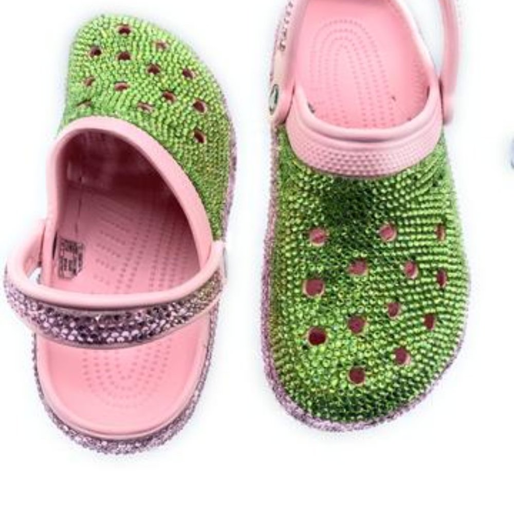 Bling Green Rhinestones Studded Customized Pink Clogs Adults - Picture 6 of 9